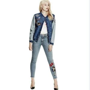 RARE Guess Denim Jean Varcity Bomber Biker Patched Jacket